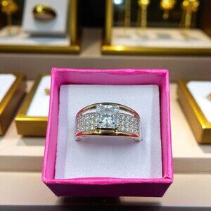 Sterling Silver 925 CZ Wide‎ Band Ring Princess Cut Statement Jewelry Size 7